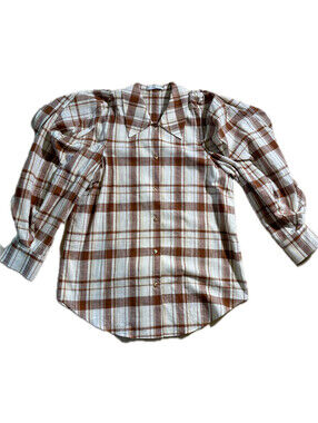 Rejina Pyo Julia Shirt Brown Check Oversized Collar Voluminous Sleeves Size M